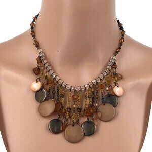 Premier Designs Necklace Beaded Fringe Brown Pink Tones Adjustable Length